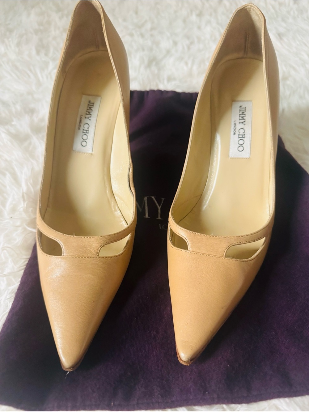 Jimmy Choo Beige Leather Pointed-Toe Pumps with Cutout Detail